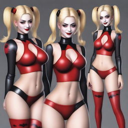 A realistic depiction of a sexy blonde Japanese woman wearing a revealing and provocative Harley Quinn costume