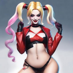 A realistic depiction of a sexy blonde Japanese woman wearing a revealing and provocative Harley Quinn costume