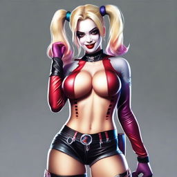 A realistic depiction of a sexy blonde Japanese woman wearing a revealing and provocative Harley Quinn costume