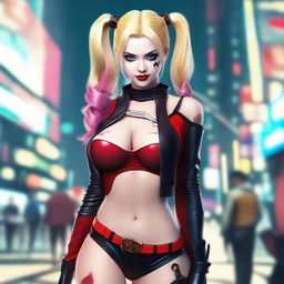 A realistic depiction of a sexy blonde Japanese woman wearing a revealing and provocative Harley Quinn costume