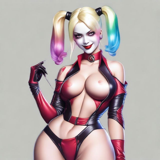 A realistic depiction of a sexy blonde Japanese woman wearing a revealing and provocative Harley Quinn costume