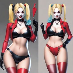 A realistic depiction of a sexy blonde Japanese woman wearing a revealing and provocative Harley Quinn costume