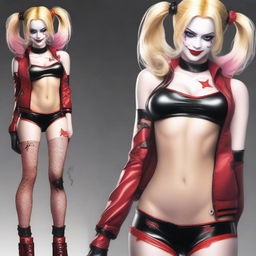 A realistic depiction of a sexy blonde Japanese woman wearing a revealing and provocative Harley Quinn costume