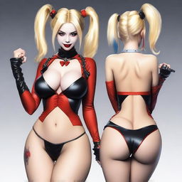 A realistic depiction of a sexy blonde Japanese woman wearing a revealing and provocative Harley Quinn costume