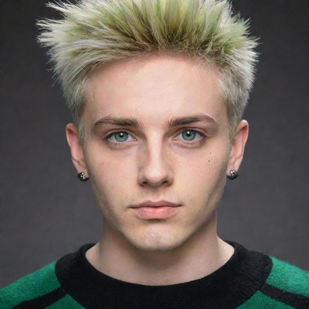 An emo guy with blonde short, spiked hair, slight beard stubble and small silver earrings. He has vivid green hunter eyes accentuated with black eye shadow and is wearing an oversized striped green and black sweater.