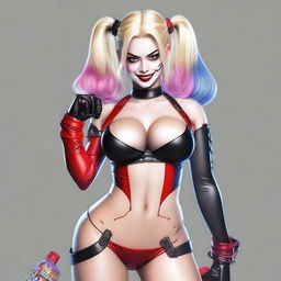 A realistic depiction of a sexy blonde Japanese woman wearing a revealing and provocative Harley Quinn costume, including a thong