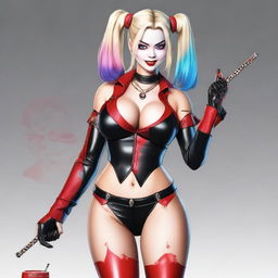 A realistic depiction of a sexy blonde Japanese woman wearing a revealing and provocative Harley Quinn costume, including a thong