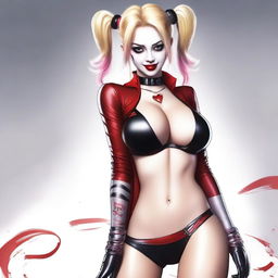 A realistic depiction of a sexy blonde Japanese woman wearing a revealing and provocative Harley Quinn costume, including a thong