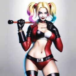 A realistic depiction of a sexy blonde Japanese woman wearing a revealing and provocative Harley Quinn costume, including a thong