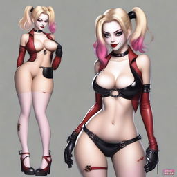 A realistic depiction of a sexy blonde Japanese woman wearing a revealing and provocative Harley Quinn costume