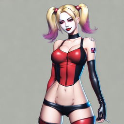 A realistic depiction of a sexy blonde Japanese woman wearing a revealing and provocative Harley Quinn costume