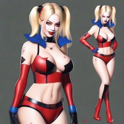 A realistic depiction of a sexy blonde Japanese woman wearing a revealing and provocative Harley Quinn costume