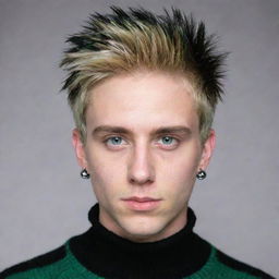 An emo guy with blonde short, spiked hair, slight beard stubble and small silver earrings. He has vivid green hunter eyes accentuated with black eye shadow and is wearing an oversized striped green and black sweater.