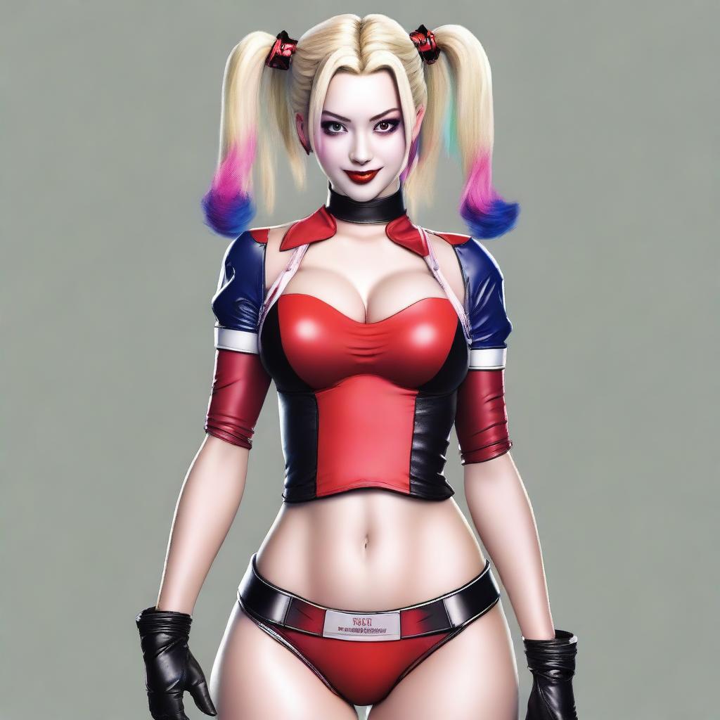 A realistic depiction of a sexy blonde Japanese woman wearing a revealing and provocative Harley Quinn costume