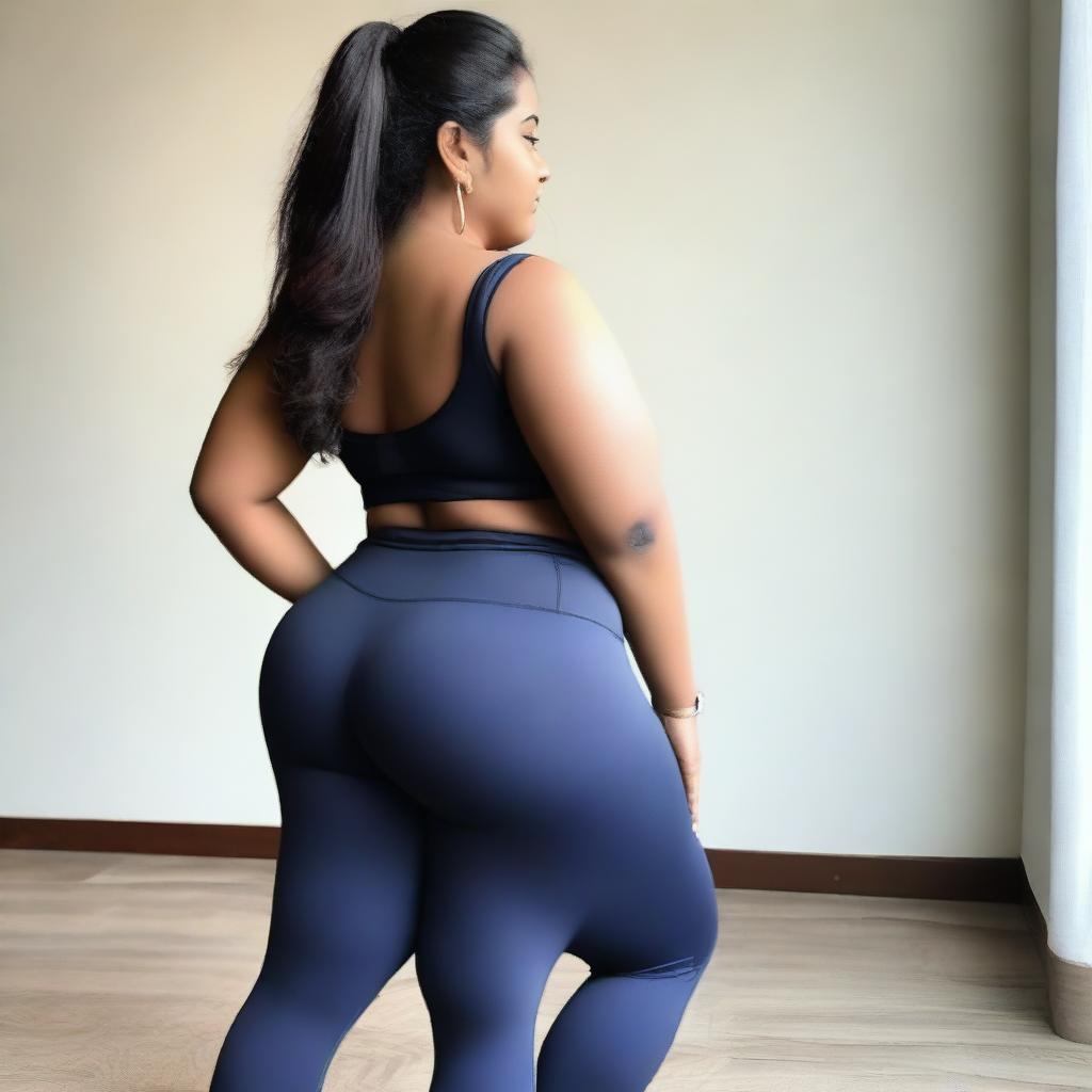 An Indian beautiful woman with a fuller figure is wearing tight leggings