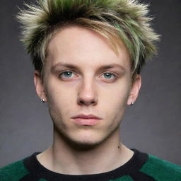 An emo guy with blonde short, spiked hair, slight beard stubble and small silver earrings. He has vivid green hunter eyes accentuated with black eye shadow and is wearing an oversized striped green and black sweater.