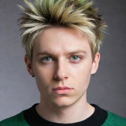 An emo guy with blonde short, spiked hair, slight beard stubble and small silver earrings. He has vivid green hunter eyes accentuated with black eye shadow and is wearing an oversized striped green and black sweater.