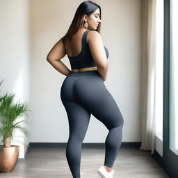 An Indian woman with a beautiful curvy body wearing tight leggings