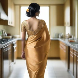 An Indian woman with a beautiful, voluptuous body standing in a kitchen