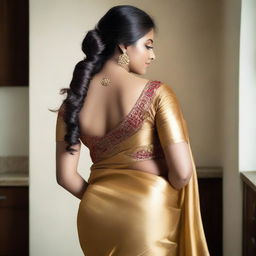 An Indian woman with a beautiful, voluptuous body standing in a kitchen