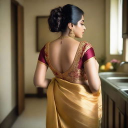 An Indian woman with a beautiful, voluptuous body standing in a kitchen