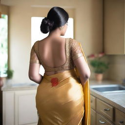 An Indian woman with a beautiful, voluptuous body standing in a kitchen