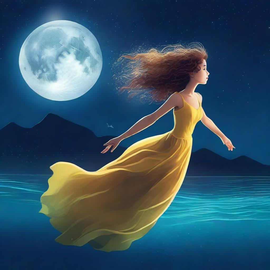 A girl in a yellow dress with curly hair falling underwater