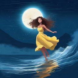 A girl in a yellow dress with curly hair falling underwater