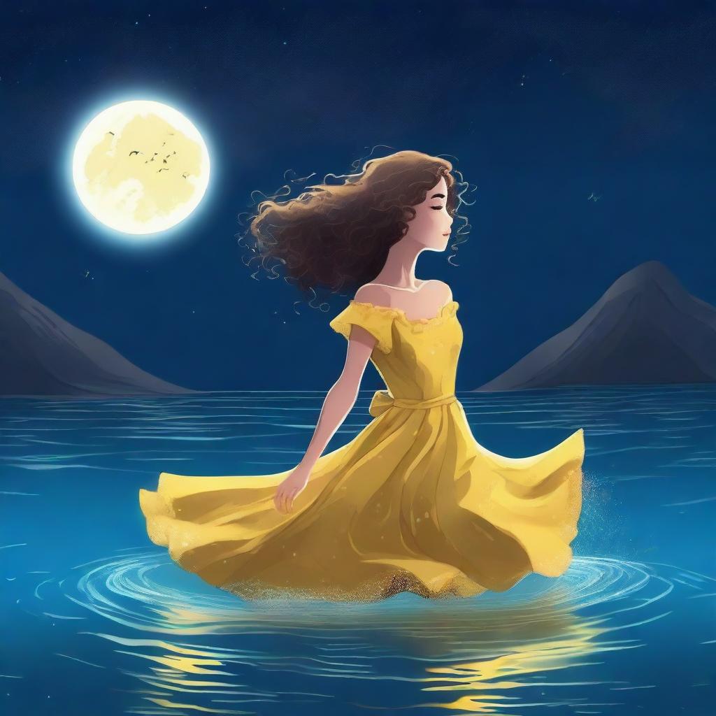 A girl in a yellow dress with curly hair falling underwater