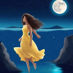 A girl in a yellow dress with curly hair falling underwater