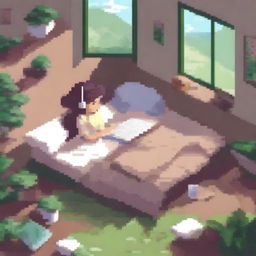 A lo-fi girl with earphones lying in her bed, doing homework, surrounded by nature elements