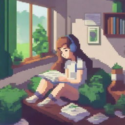 A lo-fi girl with earphones lying in her bed, doing homework, surrounded by nature elements