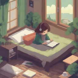 A lo-fi girl with earphones lying in her bed, doing homework, surrounded by nature elements