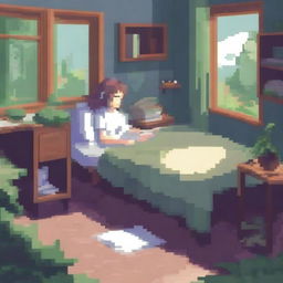 A lo-fi girl with earphones lying in her bed, doing homework, surrounded by nature elements