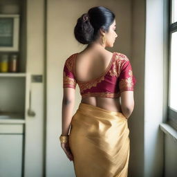 An Indian woman with a beautiful, voluptuous body stands in a kitchen, wearing a tight satin gold-rose saree