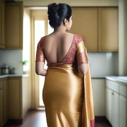 An Indian woman with a beautiful, voluptuous body stands in a kitchen, wearing a tight satin gold-rose saree