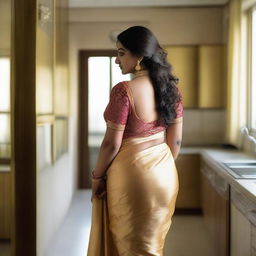 An Indian woman with a beautiful, voluptuous body stands in a kitchen, wearing a tight satin gold-rose saree