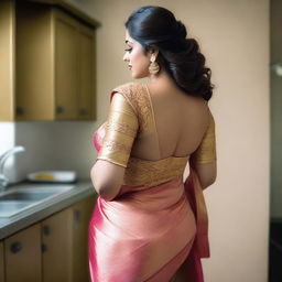 An Indian woman with a beautiful, voluptuous body stands in a kitchen, wearing a tight satin gold-rose saree