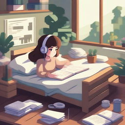 A lo-fi girl with earphones lying in her bed, doing homework, surrounded by nature elements