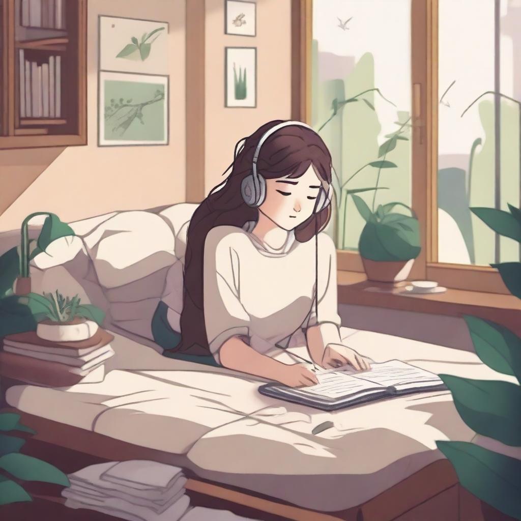 A lo-fi girl with earphones lying in her bed, doing homework, surrounded by nature elements