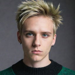 A half-body portrait of an emo guy with short, spiked blonde hair, slight stubble, and small silver earrings. He's wearing a striped green and black oversized sweater, with intense green hunter eyes highlighted by black eyeshadow.