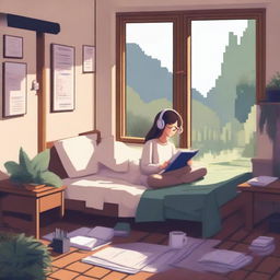 A lo-fi girl with earphones lying in her bed, doing homework, surrounded by nature elements