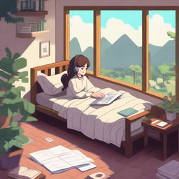 A lo-fi girl with earphones lying in her bed, doing homework, surrounded by nature elements