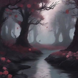 A dark and mystical forest filled with roses and thorns, with a river of blood flowing through it