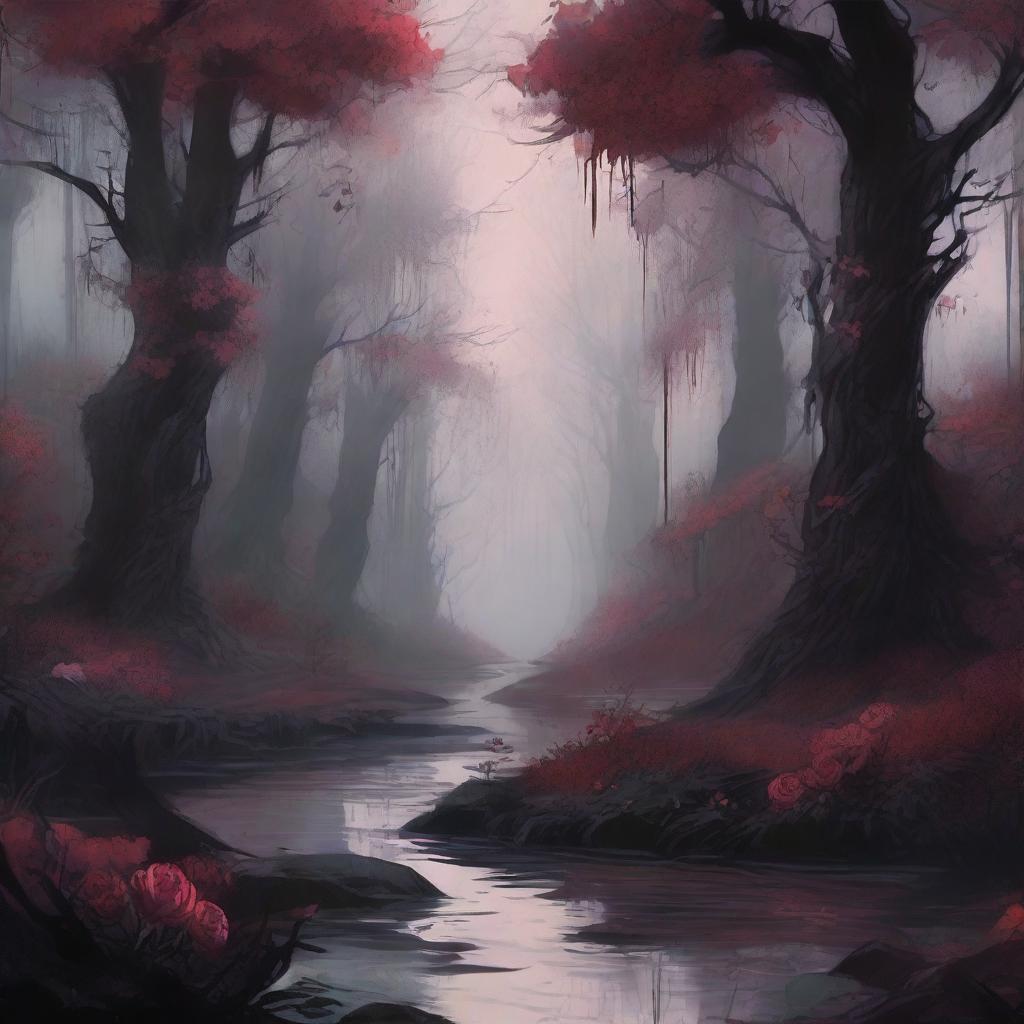 A dark and mystical forest filled with roses and thorns, with a river of blood flowing through it