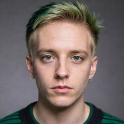 A half-body portrait of an emo guy with short, spiked blonde hair, slight stubble, and small silver earrings. He's wearing a striped green and black oversized sweater, with intense green hunter eyes highlighted by black eyeshadow.