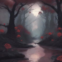 A dark and mystical forest filled with roses and thorns, with a river of blood flowing through it