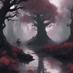 A dark and mystical forest filled with roses and thorns, with a river of blood flowing through it