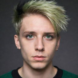 A half-body portrait of an emo guy with short, spiked blonde hair, slight stubble, and small silver earrings. He's wearing a striped green and black oversized sweater, with intense green hunter eyes highlighted by black eyeshadow.