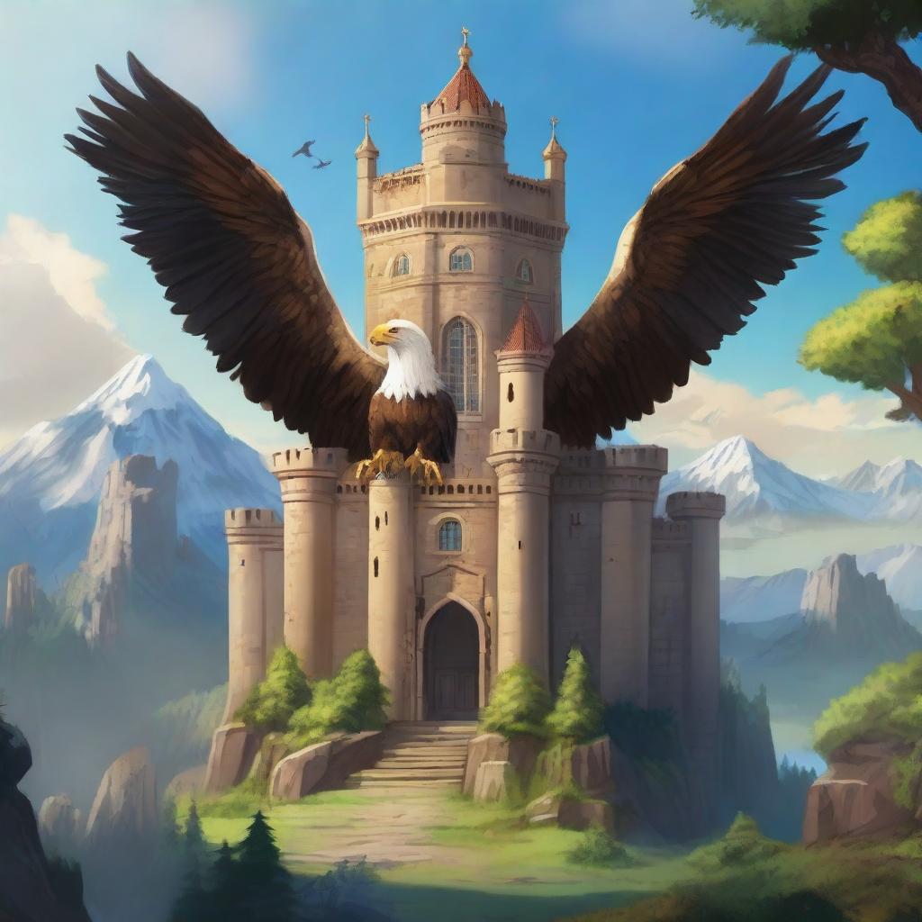 A majestic kingdom shaped like an arch, with a grand castle in the form of an eagle